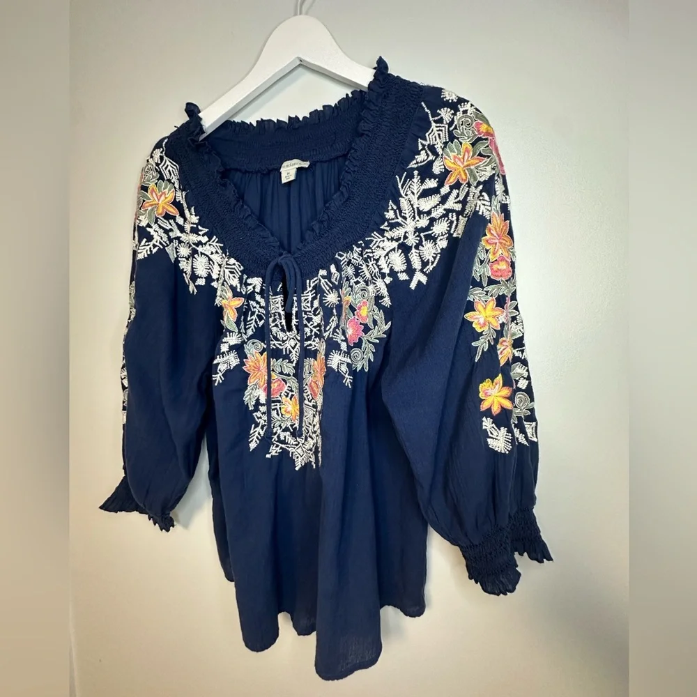 Sundance Cotton Embroidered Peasant Boho Floral Navy Boho Blouse Top Sz  Medium - Picture 10 of 17